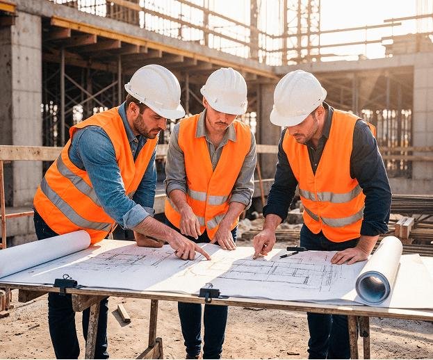 Technical consultants reviewing engineering plans